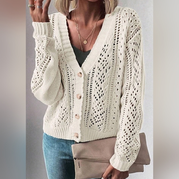 New Boho Open Knit Cardigan Sweater Off White - Picture 6 of 9